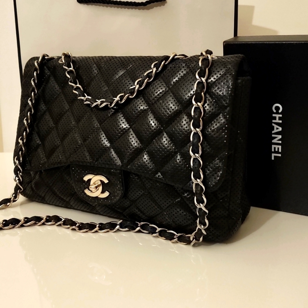 Chanel Classic Matelasse CC Flap Jumbo Crossbody Shoulder Purse Bag Perforated